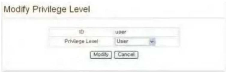 Modify Privilege Level ID user Privilege Level User Modify Cancel
