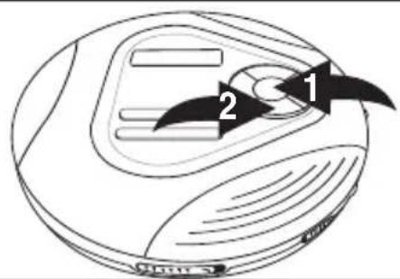 Diagram of a vacuum cleaner with labeled parts 1 and 2, showing internal components and airflow direction.