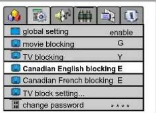 global setting enable movie blocking G TV blocking Y Canadian English blocking E Canadian French blocking E TV block setting... change password