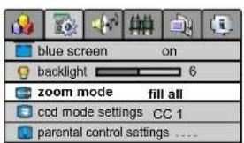 blue screen on backlight 6 zoom mode fill all ccd mode settings CC 1 parental control settings ....