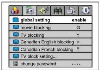 global setting enable movie blocking G TV blocking Y Canadian English blocking E Canadian French blocking E TV block setting... change password ....