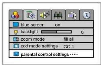 blue screen on backlight 6 zoom mode fill all ccd mode settings CC 1 parental control settings----