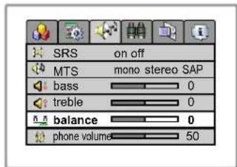 SRS on off MTS mono stereo SAP bass 0 treble 0 balance 0 phone volume 50