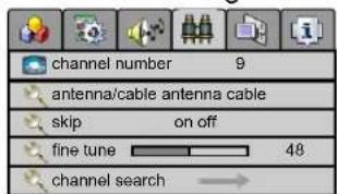 channel number 9 antenna/cable antenna cable skip on off fine tune 48 channel search