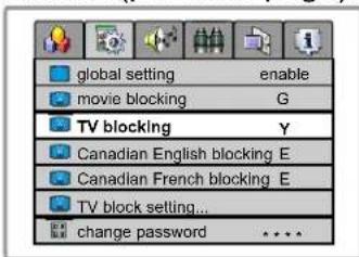 global setting enable movie blocking G TV blocking Y Canadian English blocking E Canadian French blocking E TV block setting... change password ****