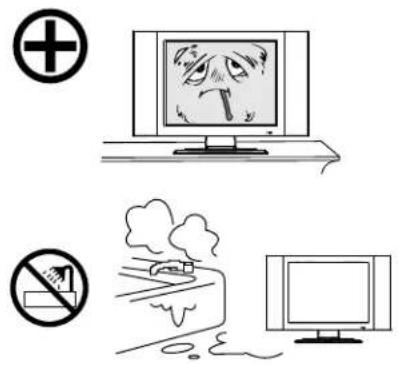 Safety warning illustration showing computer screen with angry face and no smoking symbol