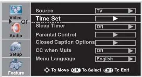 Source TV Time Set Sleep Timer Off Parental Control Closed Caption Options CC when Mute Off Menu Language English To Move OK To Select Exit To Exit