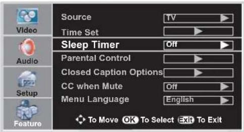 Source Time Set Sleep Timer Off Parental Control Closed Caption Options CC when Mute Off Menu Language English To Move OK To Select Exit To Exit