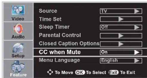Source Time Set Sleep Timer Parental Control Closed Caption Options CC when Mute On Menu Language English To Move OK To Select Exit To Exit