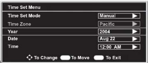 Time Set Menu Time Set Mode Manual Time Zone Pacific Year 2004 Date Aug 22 Time 12:00 AM To Change To Move To Exit