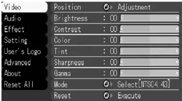 Video Audio Effect Setting User's Logo Advanced About Reset All Position Brightness : 00 Contrast : 00 Color : 00 Tint : 00 Sharpness : 00 Gamma : 00 Mode Reset Adjustment Select[NTSC4.43] Execute