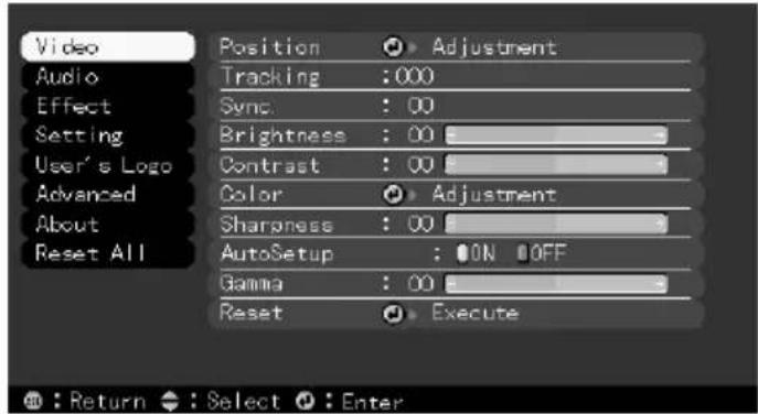 Video Audio Effect Setting User's Logo Advanced About Reset All Position Tracking : 000 Sync. : 00 Brightness : 00 Contrast : 00 Color Shareness : 00 AutoSetup : ON OFF Gamma : 00 Reset Adjustment Adjustment Execute : Return : Select : Enter