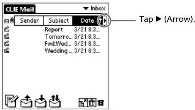 CLIE Mail Sender Subject Data Report 3/21 8:3... Tomorrow... 3/21 8:3... Fwd:Wed... 3/21 8:3... Wedding... 3/21 8:3... Tap ▶ (Arrow).