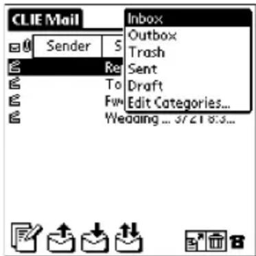 CLIE Mail Sender S Ref To Fw Wedding ... 3/21 8:3... Inbox Outbox Trash Sent Draft Edit Categories...