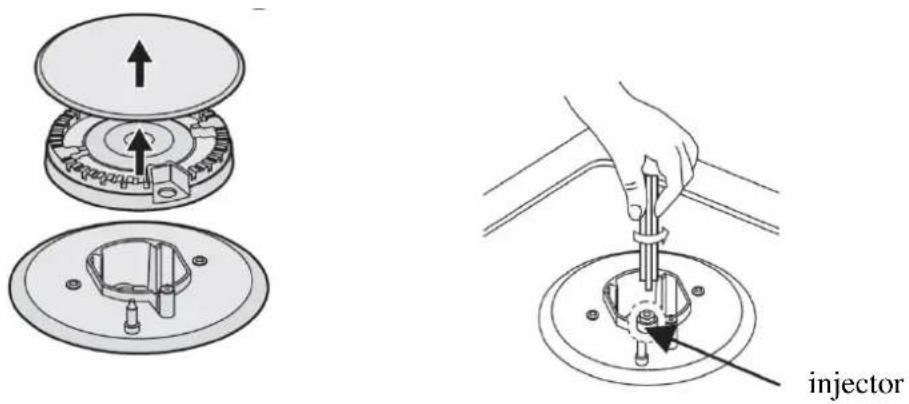 Technical diagram showing mechanical assembly steps with labeled components: top view, bottom view, and pointer for injector operation.