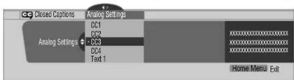 CC Closed Captions Analog Settings CC1 CC2 • CC3 CC4 Text 1 Home Menu Exit