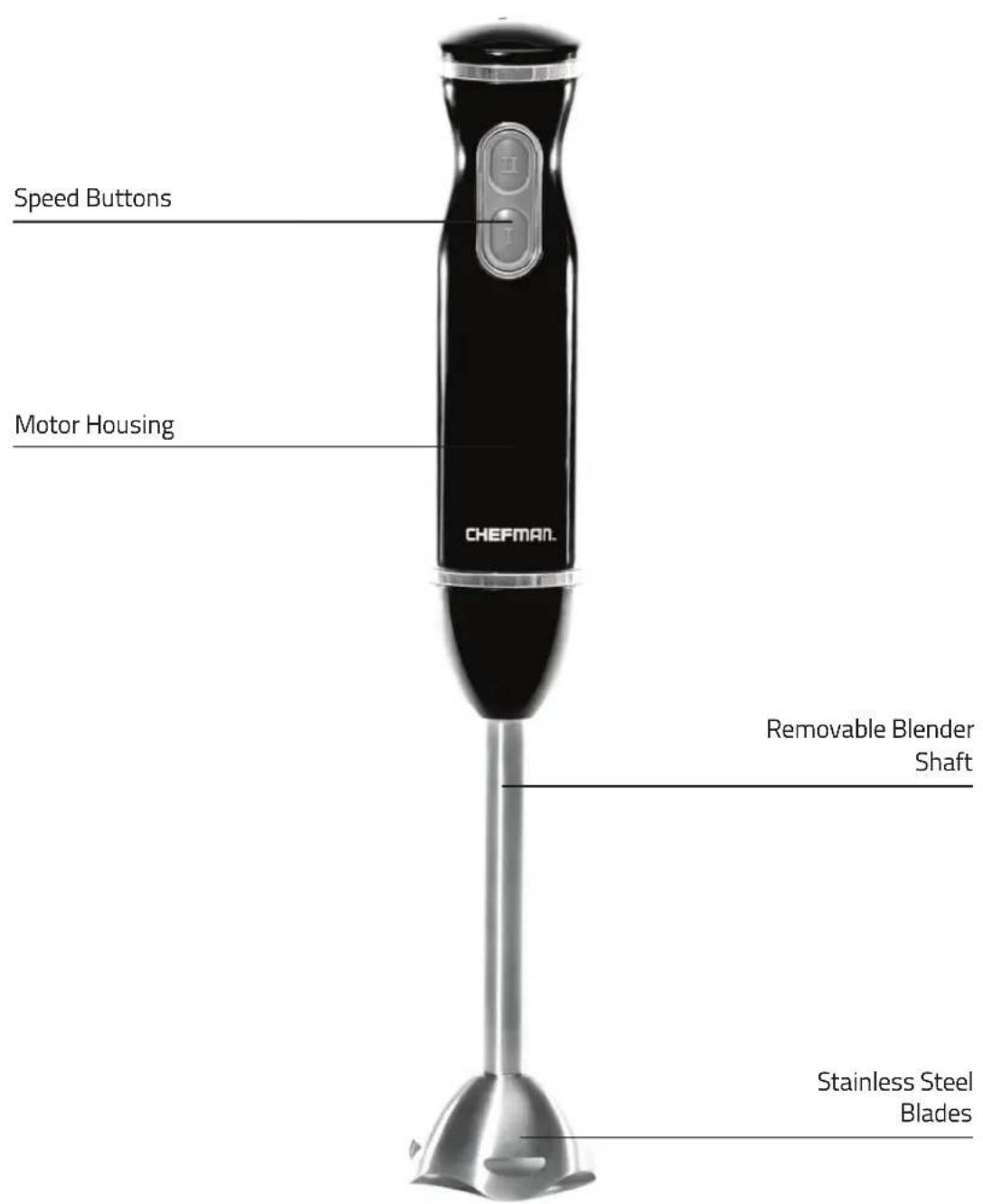 Speed Buttons Motor Housing CHEFMAN. Removable Blender Shaft Stainless Steel Blades