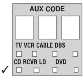 AUX CODE TV VCR CABLE DBS CD RCVR LD DVD