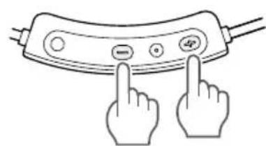 Diagram showing two hands pointing at a device with labeled buttons and display screen