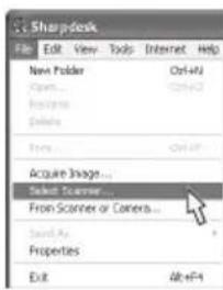 SharpDesk File Edit View Tools Internet Help New Folder Ctrl+H Open... Ctrl+H Import... Delete From Ctrl+H Acquire Image... Select Scanner... From Scanner or Camera... Send As Properties Exit Alt+F1