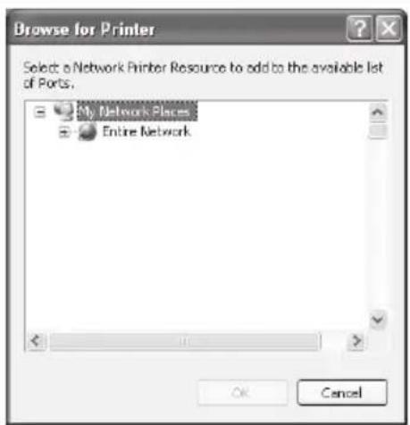 Browse for Printer Select a Network Printer Resource to add to the available list of Ports. My Network Places Entire Network OK Cancel