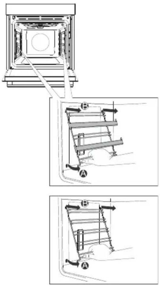 Technical diagram showing three steps of a mechanical assembly with labeled components A and B, likely illustrating a step-by-step assembly or installation.
