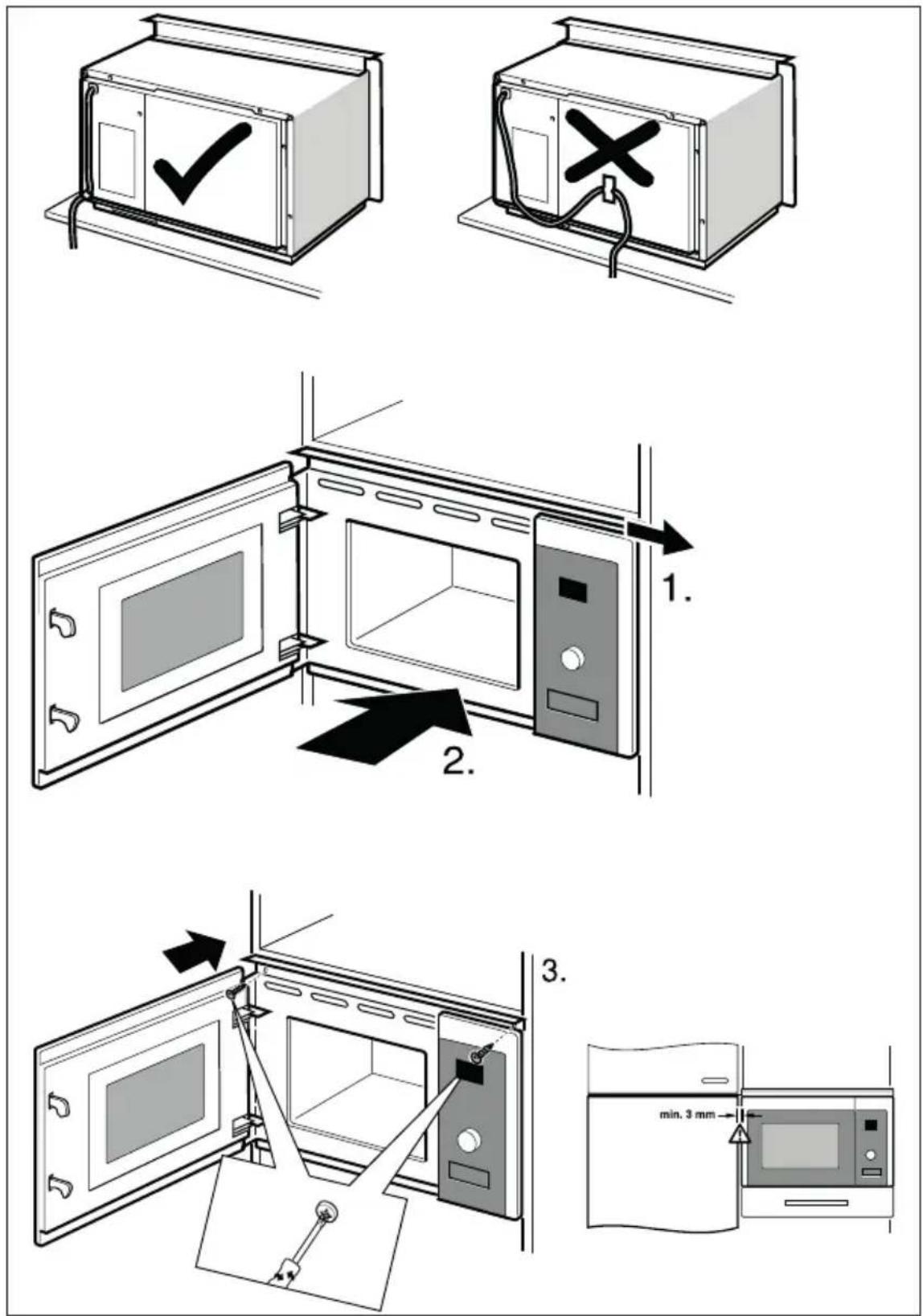 Diagram illustrating microwave oven installation steps with numbered instructions and a 3 mm minimum distance indicator.