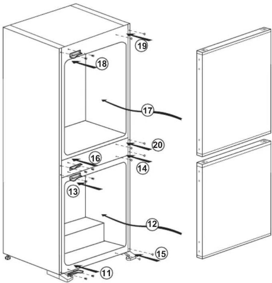 Technical diagram of a refrigerator with numbered components and airflow indicators