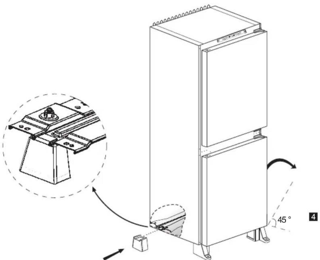 Technical diagram of an appliance with a 45-degree angle annotation and mechanical components, including a magnified inset showing internal structure.