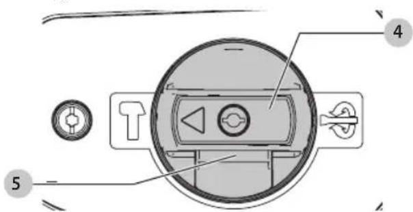 Diagram of a device interior with labeled parts including a circular dial, control panel, and directional arrows