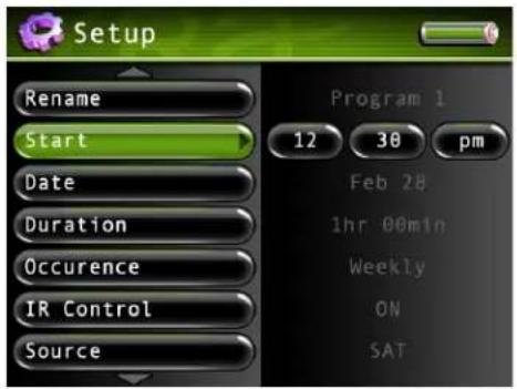 Setup Rename Start Date Duration Occurrence IR Control Source Program 1 12 30 pM Feb 28 1hr 00min Weekly ON SAT