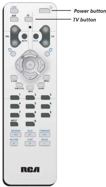 CYRA AUX TV VOL MUTE BACK CH Power button TV button CLEAR MENU SUBTITLE INFO GUIDE 1 2 3 4 5 6 7 8 9 INPUT 0 REVERSE PLAY FORWARD RECORD STOP PAUSE 1 RCA