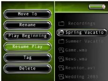 Move To Rename Play Beginning Resume Play Tag Delete Recordings Spring Vacatio Summer Vacatio Game.wma News.wma Reunion.avi Wedding 2003