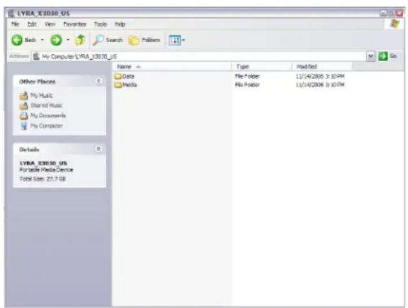 LYRA_03030_US File Edit View Favorites Tools Help Back Search Publishers Address My Computer LYRA_03030_US Other Places My Music Shared Music My Documents My Computer Details LYRA_03030_US Portable Media Device Total Size: 27.7 GB Name Type Modified Data File Folder 12/14/2005 3:10 PM Media File Folder 12/14/2006 3:10 PM