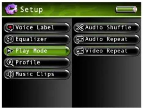 Setup Voice Label Equalizer Play Mode Profile Music Clips Audio Shuffle Audio Repeat Video Repeat