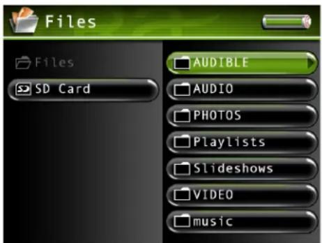 Files Files SD Card AUDIBLE AUDIO PHOTOS Playlists Slideshows VIDEO music