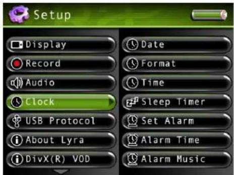 Setup Display Record Audio Clock USB Protocol About Lyra DivX(R) VOD Date Format Time Sleep Timer Set Alarm Alarm Time Alarm Music