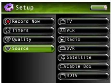 Setup Record Now Timers Quality Source TV VCR Radio DVR Satellite Cable Box HDTV