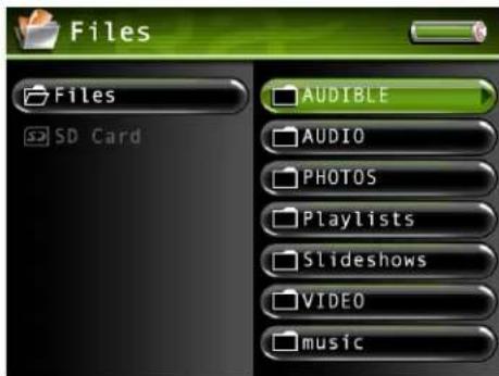 Files Files SD Card AUDIBLE AUDIO PHOTOS Playlists Slideshows VIDEO music