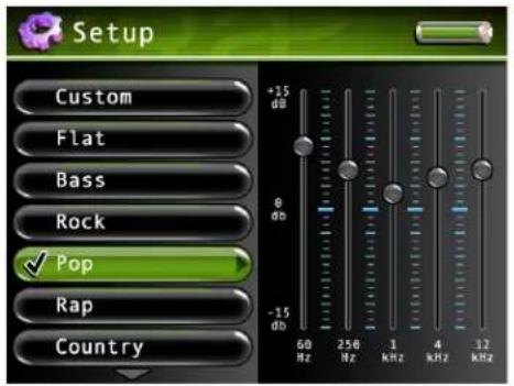Setup Custom Flat Bass Rock ✓ Pop Rap Country +15 dB 0 dB -15 dB 60 Hz 250 Hz 1 kHz 4 kHz 12 kHz