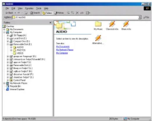 AVIO File Edit View Favorites Tools Help Back Search Folders History E:\WINDOWS Folders Desktop My Documents My Computer 3ds Flappy (A:) Local Disk (C:) Compact Disk (D:) Personalizable Disk (E:) AUDIO PHOTOS VISCD groups on Imagelet (G:) Johnson-Lion Tractyl-2000ref (H:) appes on Tractyl (I:) Personalizable Disk (U:) Powertrain Tractyl (U:) copy-on Tractyl (V:) dislocan on Tractyl (P:) striped on Tractyl (S:) Control Panel My Network Places Recycle Bin Internal Explorer AUDIO Select orders to view its description Save also: My Documents My Network Places My Computer My Music Classical info Blues info Alternative... 4 objects (Disk free space: 14.4 GB) 363 bytes My Computer