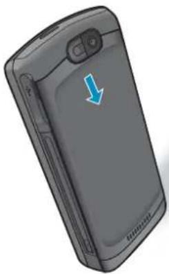 Side view of a gray mobile phone with a blue arrow pointing to the side panel (no text or symbols visible)