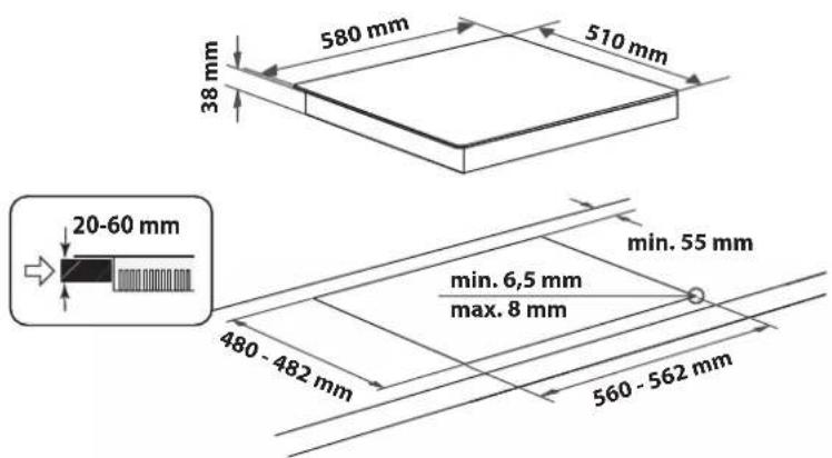 580 mm 510 mm 38 mm 20-60 mm min. 6,5 mm max. 8 mm 480 - 482 mm min. 55 mm 560 - 562 mm
