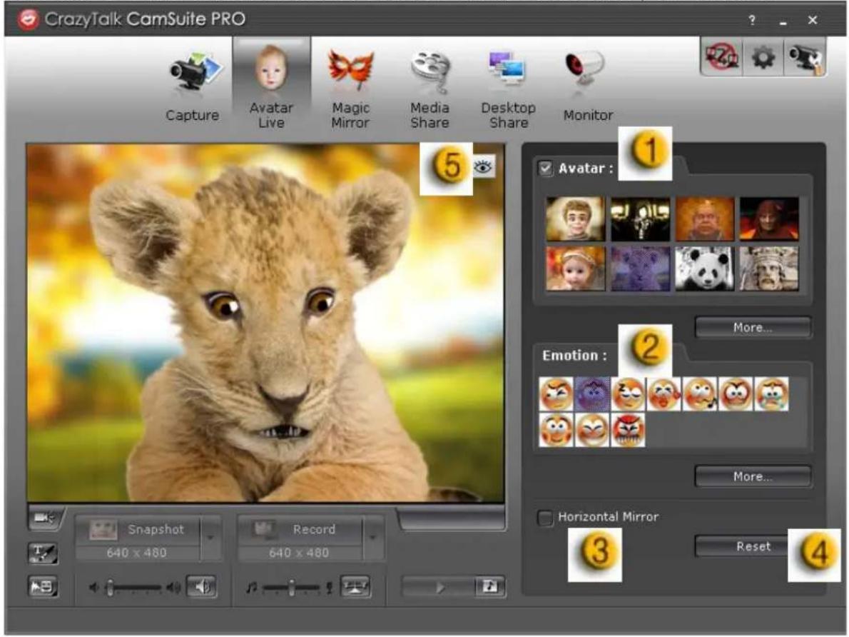 CrazyTalk CamSuite PRO Capture Avatar Live Magic Mirror Media Share Desktop Share Monitor 5 Avatar : More... Emotion : More... Horizontal Mirror Reset 4 Snapshot Record 640 x 480 640 x 480