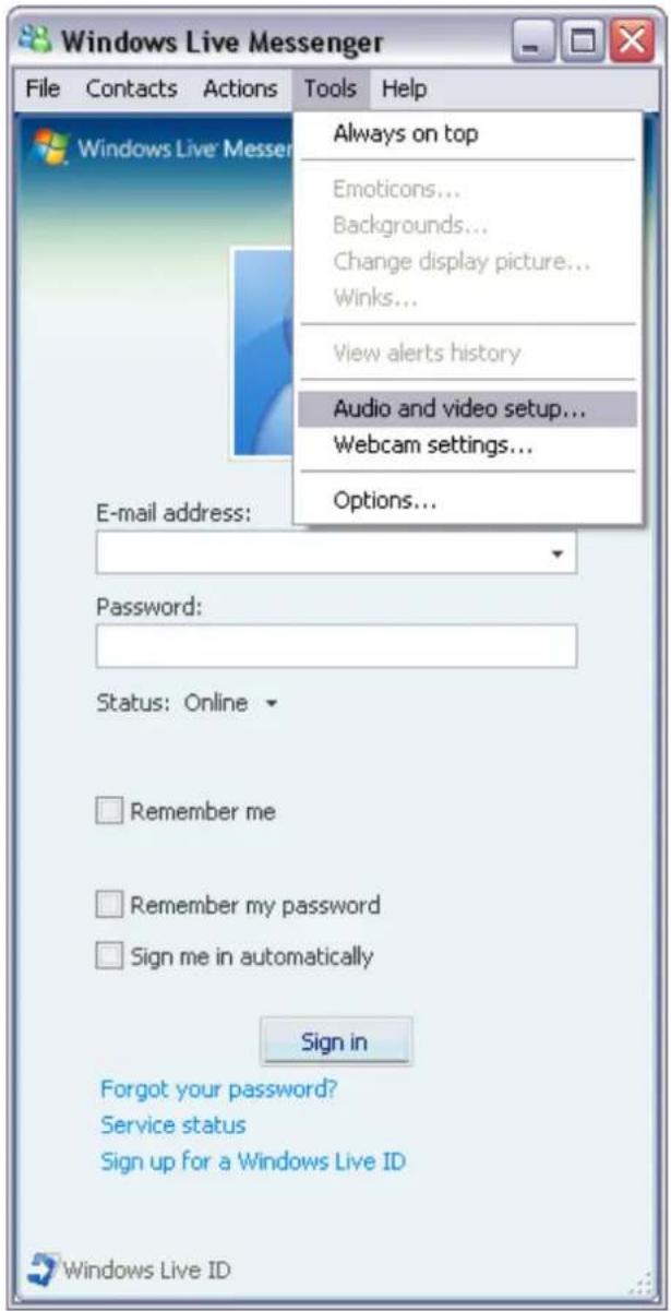 Windows Live Messenger File Contacts Actions Tools Help Always on top Emoticons... Backgrounds... Change display picture... Winks... View alerts history Audio and video setup... Webcam settings... Options... E-mail address: Password: Status: Online Remember me Remember my password Sign me in automatically Sign in Forgot your password? Service status Sign up for a Windows Live ID Windows Live ID