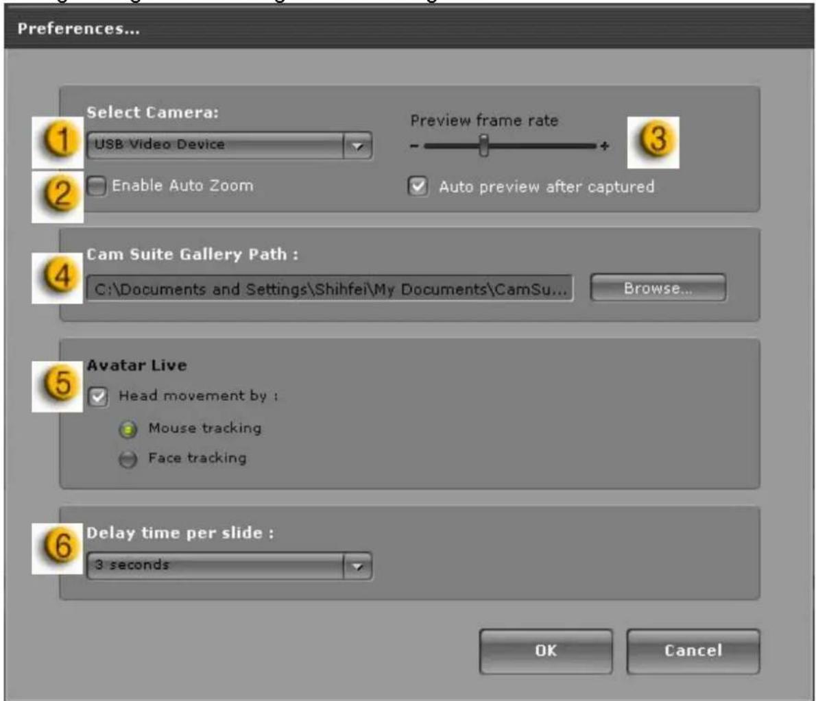 Preferences... Select Camera: USB Video Device Enable Auto Zoom Preview frame rate - Auto preview after captured Cam Suite Gallery Path : C:\Documents and Settings\Shihfei\My Documents\CamSu... Browse... Avatar Live Head movement by : Mouse tracking Face tracking Delay time per slide : 3 seconds OK Cancel