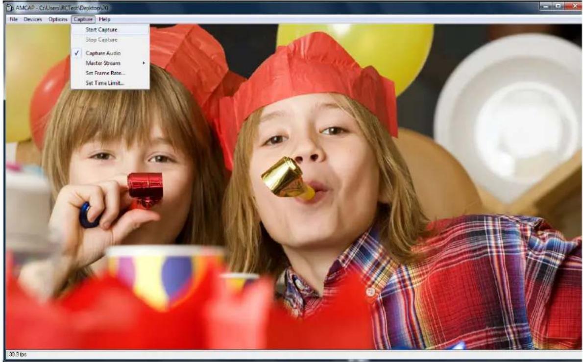 AMCAP - C:\Users\RCText\Desktop\20 File Devices Options Capture Help Start Capture Stop Capture ✓ Capture Audio Master Stream Set Frame Rate... Set Time Limit... 30 fps