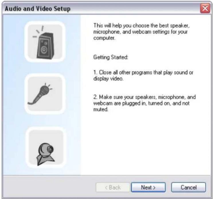 Audio and Video Setup This will help you choose the best speaker, microphone, and webcam settings for your computer. Getting Started: 1. Close all other programs that play sound or display video. 2. Make sure your speakers, microphone, and webcam are plugged in, turned on, and not muted. < Back Next > Cancel