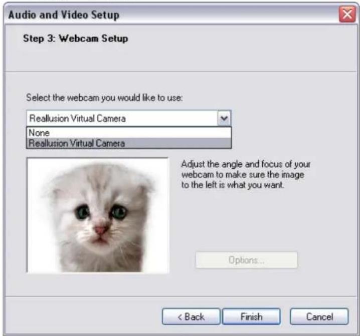 Audio and Video Setup Step 3: Webcam Setup Select the webcam you would like to use: Reallusion Virtual Camera None Reallusion Virtual Camera Adjust the angle and focus of your webcam to make sure the image to the left is what you want. Options... < Back Finish Cancel