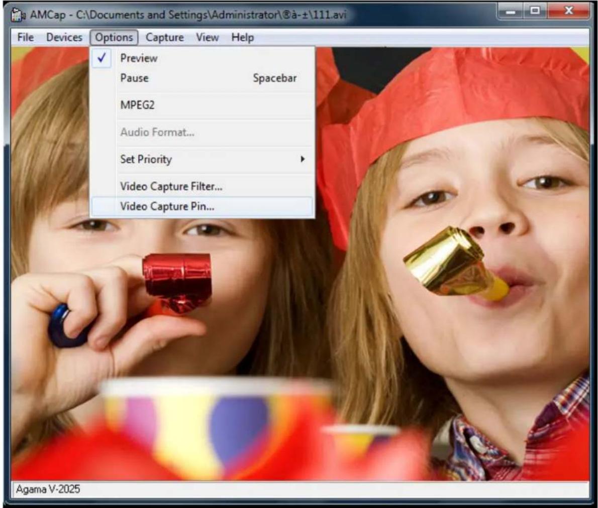 AMCap - C:\Documents and Settings\Administrator\8a-±\111.avi File Devices Options Capture View Help Preview Pause Spacebar MPEG2 Audio Format... Set Priority Video Capture Filter... Video Capture Pin... Agama V-2025